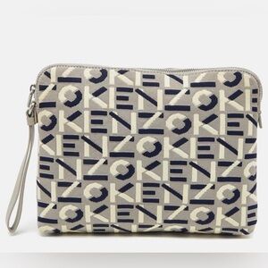 NEW Kenzo Tri Color Printed Logo Knit Fabric Zipped Wristlet Pouch